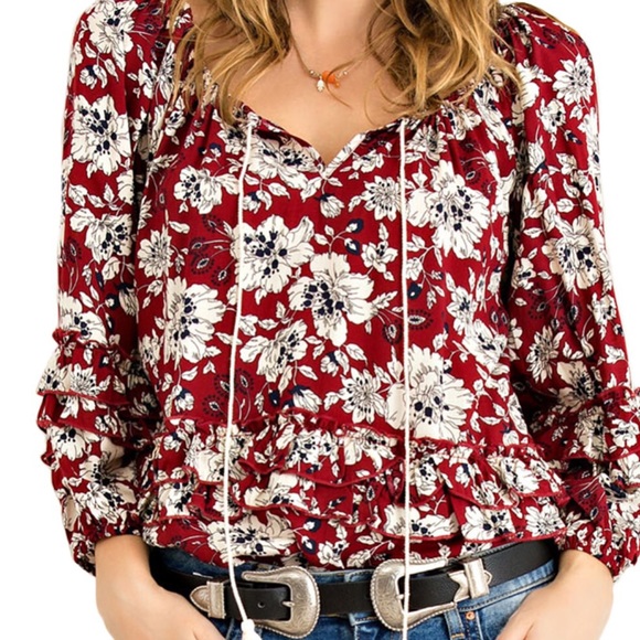 Floral Burgundy Boho blouse with Tassels