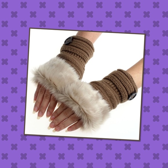 Accessories - Khaki faux rabbit fur wrist fingerless gloves