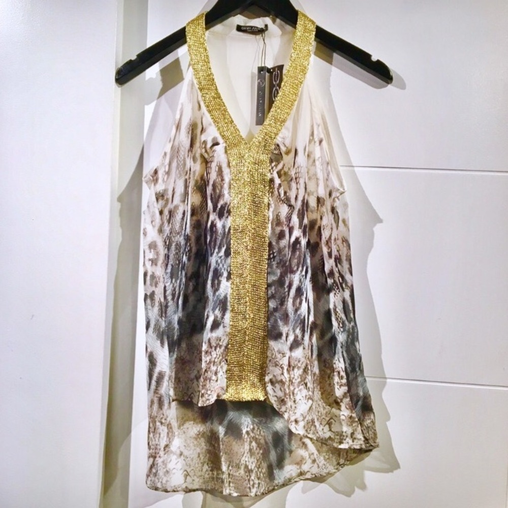 Oh My Julian V-Neck Top w/Animal Print & Gold Trim