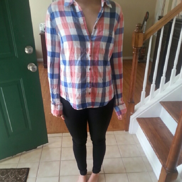 H&M orange, blue, and white flannel