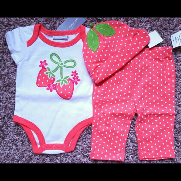 NWT Strawberry Top, Pants, Cap Set