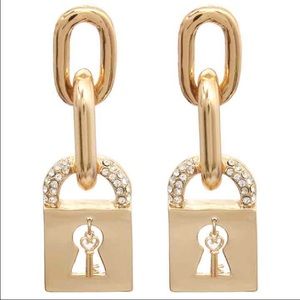 Padlock gold key rhinestone earrings fab long