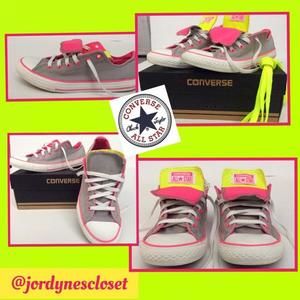 Girls Gray/Hot Pink/Neon Yellow Allstar Converse  Youth Size 5 is equivalent to a women's Size 7