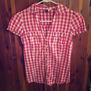 Pink and White Checkered Button Up VNeck