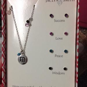 Initial M necklace with 4 pairs of stud earrings