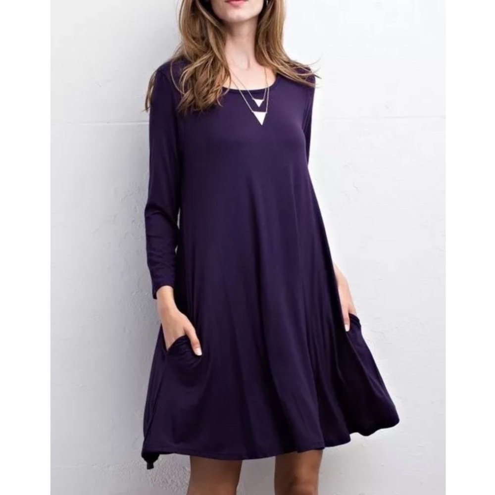 SWING DRESS Draped Pullover Pocket Swingy L/S Mini