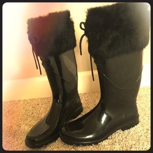 Burberry black rain boots with fur.