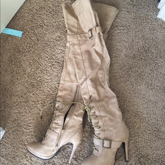 Beige thigh boots