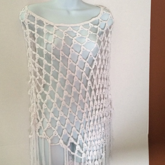 White Fringe Open Weave Poncho