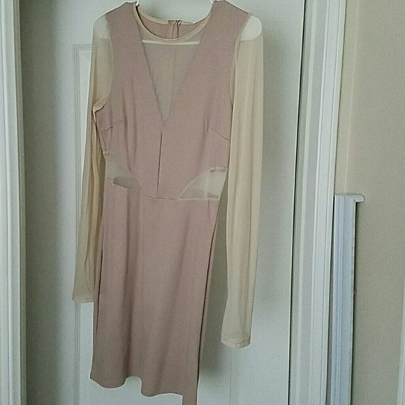 Nude body con dress with sheer sleeves and cut out