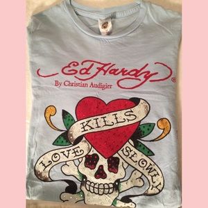 Ed Hardy long sleeve tee//light blue//XS//🚫trades