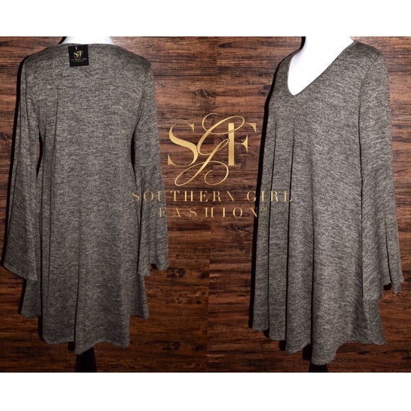 SWING DRESS Stretchy Bell Sleeve Draped Mini Tunic - Picture 3 of 6