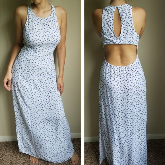 Cut-out White & Blue Floral Maxi Dress - Picture 2 of 6