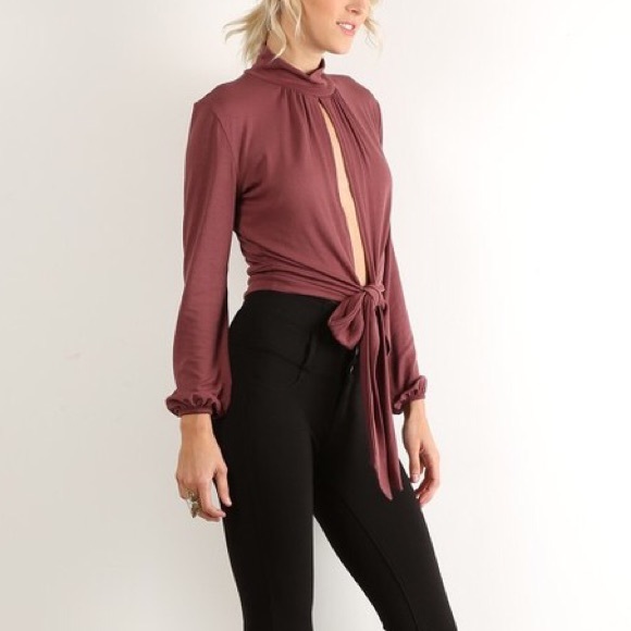 Long Sleeve Mock Neck Tie Front Top - Picture 2 of 4