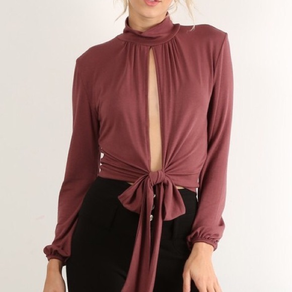 Long Sleeve Mock Neck Tie Front Top - Picture 4 of 4