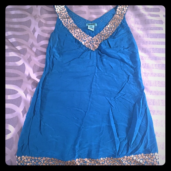 Kenzie girl turq blue silk w/gold sequin dress