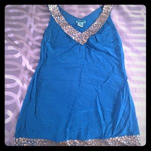 Kenzie girl turq blue silk w/gold sequin dress