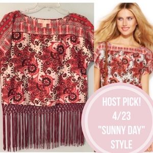 🎉HP! Michael Kors Red Papua Print Blouse w Fringe