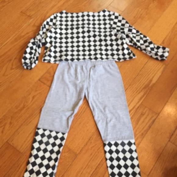 Right Bank Babies crop top and leggings. Beige and black pattern with gray.