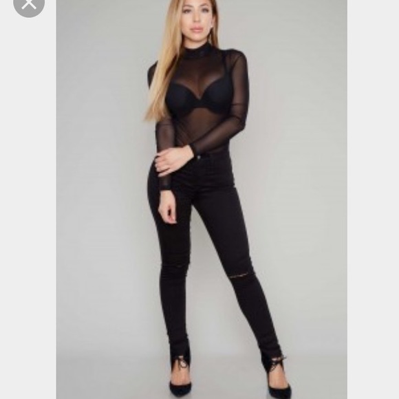High Neck Black Sheer Bodysuit