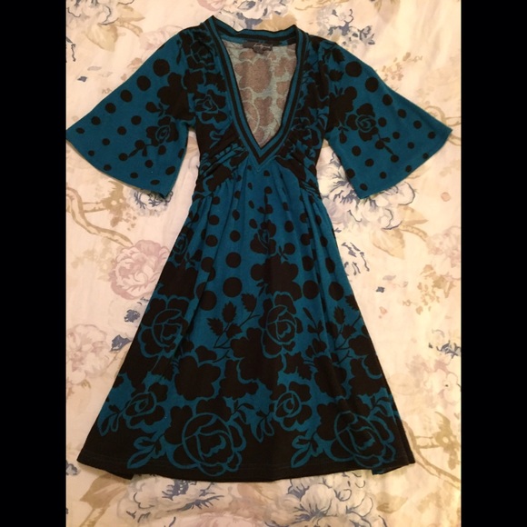 Blue and Brown Floral Bell Sleeve Dress