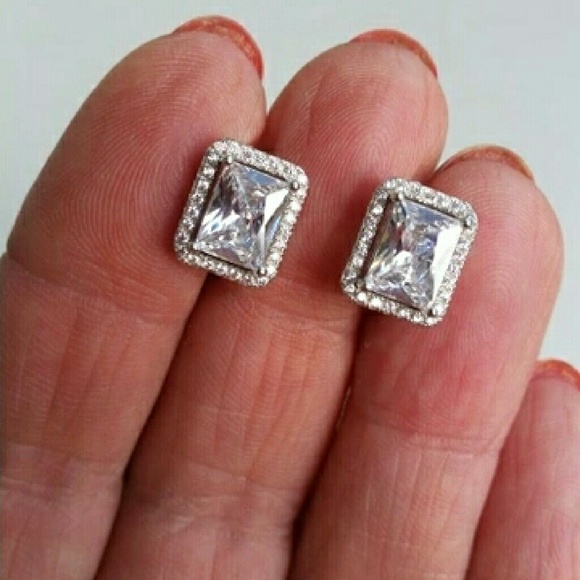 18k White Gold Sterling Simulated Diamond Earrings - Picture 2 of 4