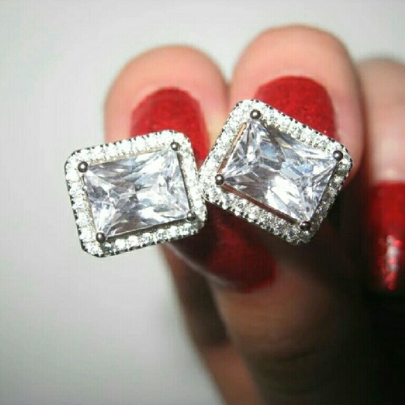 18k White Gold Sterling Simulated Diamond Earrings - Picture 4 of 4