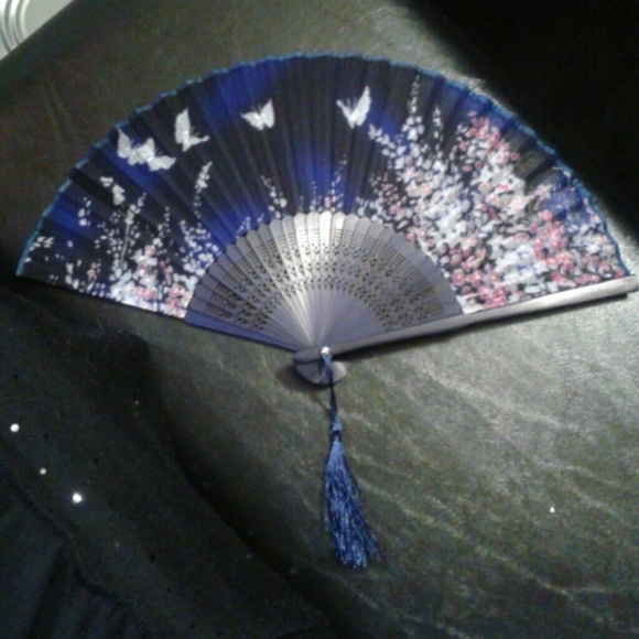 Beautiful Blue Fan With Butterflies and Flowers