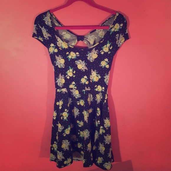 Blue and Yellow Floral Print Skater Dress