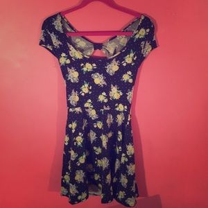 Blue and Yellow Floral Print Skater Dress