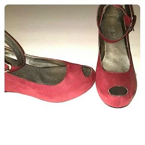 Burgundy platform wedge peep toe