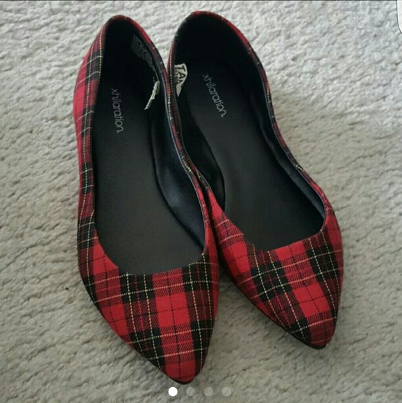 red plaid flat shoes