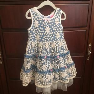 Blue and Cream Floral Dress w/ Pink Accent Flowers