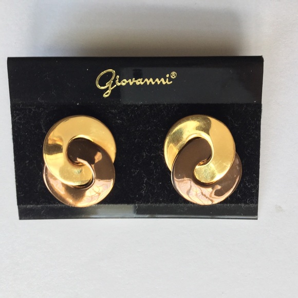 NWT Giovanni Gold Tone Stud Brown Hoop Earrings Circle 1980s Vintage