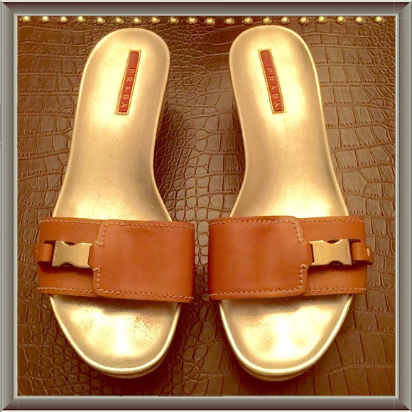 Prada Tan leather wooden slides/clogs