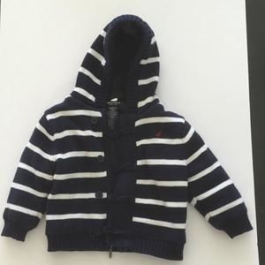 Nautica - Navy blue & white striped hooded zipper & button knit jacket