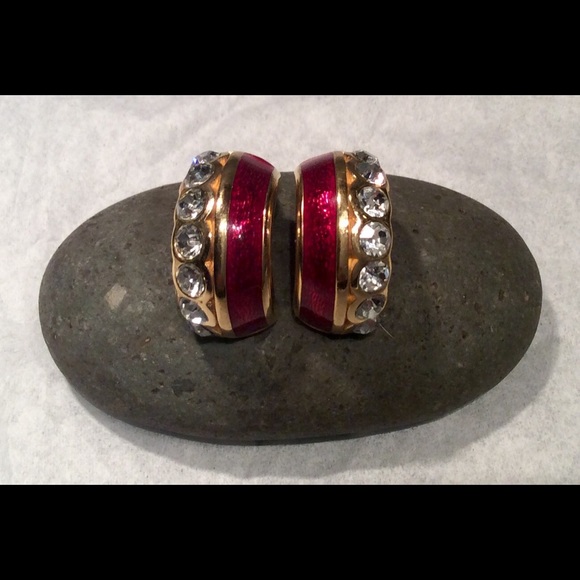 Christian Dior Red Enameled & Rhinestone Earrings