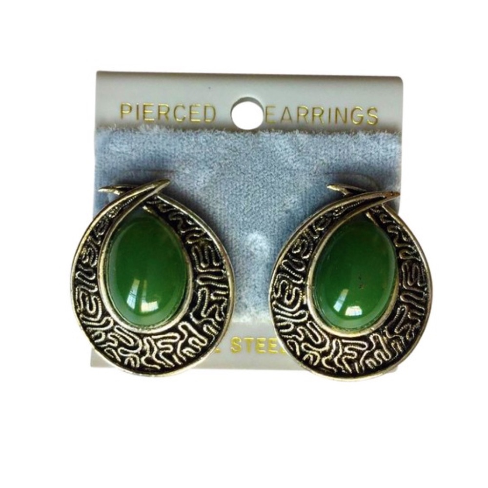 NWT CEJ Drop Stud Earrings Silver Black Green Oval
