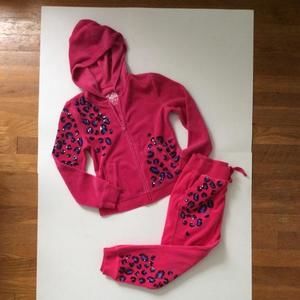 JUSTICE Hot Pink Velour Sweatsuit with Purple & Black Cheetah Sequins.