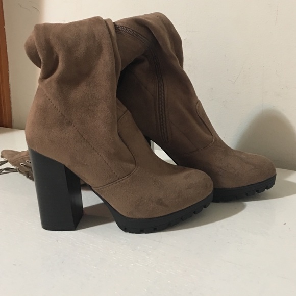 Thigh high taupe thick heels