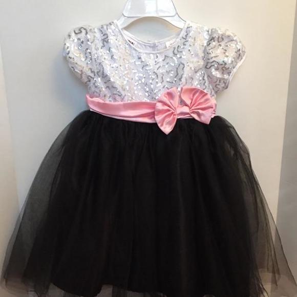 Blueberi Black Tulle & Sequin Dress With Pink Satin Sash.