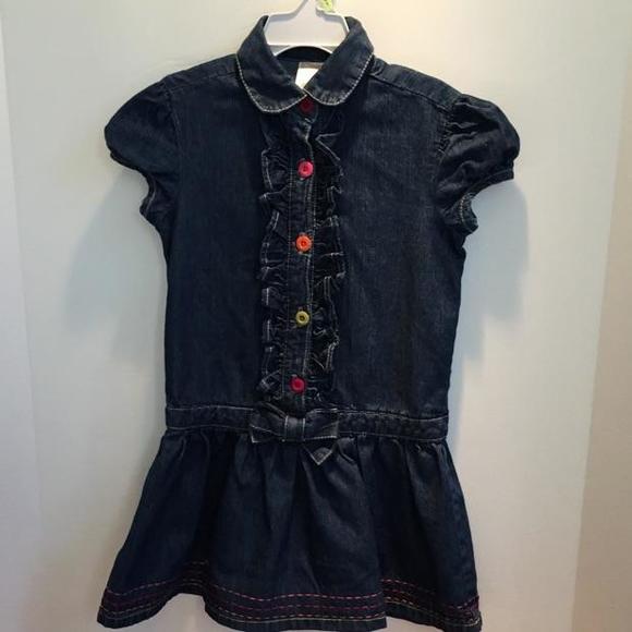 gymboree denim dress With Multicolored Buttons, Ruffled Front, Embroidered Skirt Smocked dress Size:AU 8 new_upload Black and White Cut-Out 77% polyester/22% cotton/1% metallic