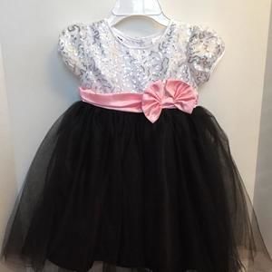 Blueberi Black Tulle & Sequin Dress With Pink Satin Sash.