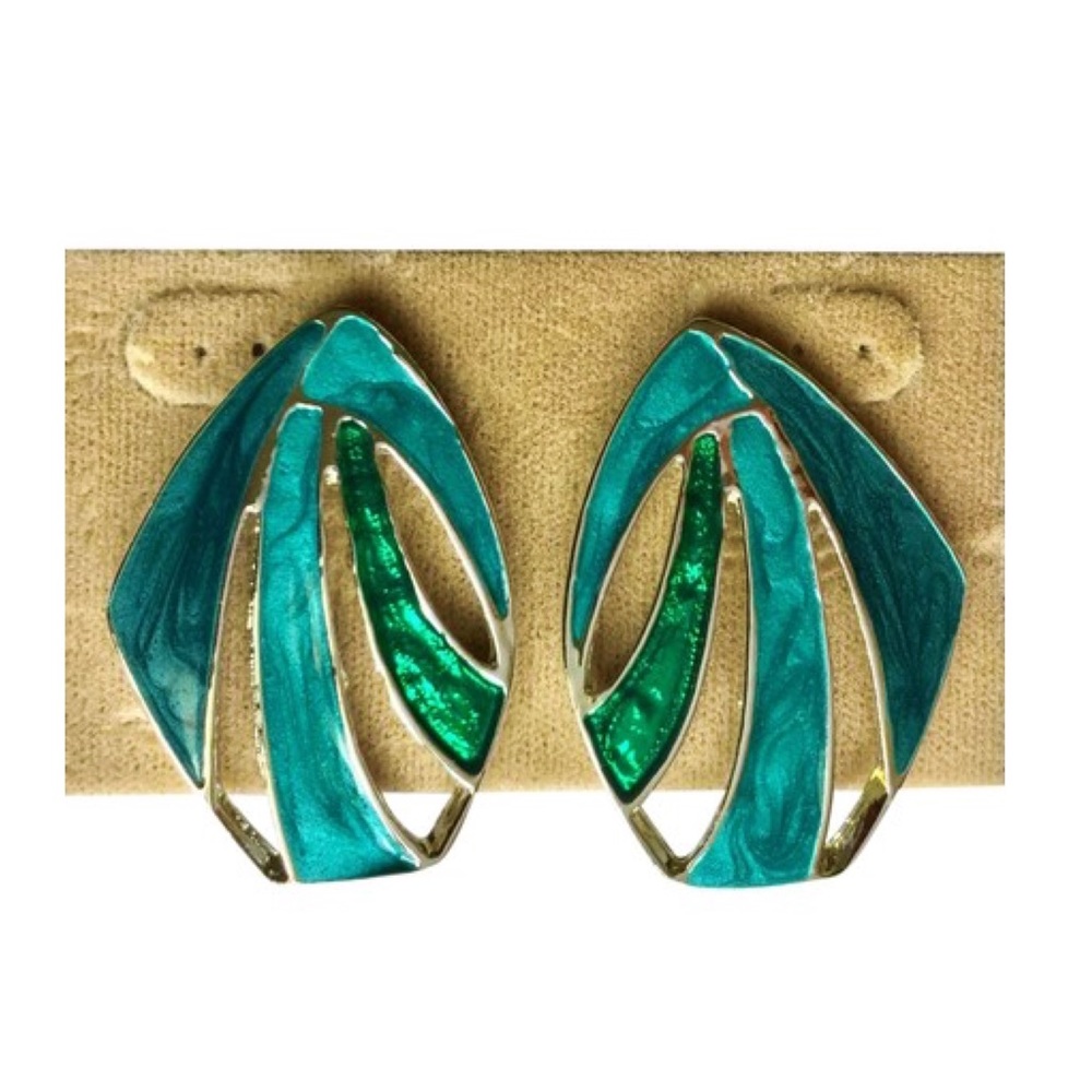 NWOT Vintage Enamel Stained Glass Blue Stud Earrings Abstract Resin