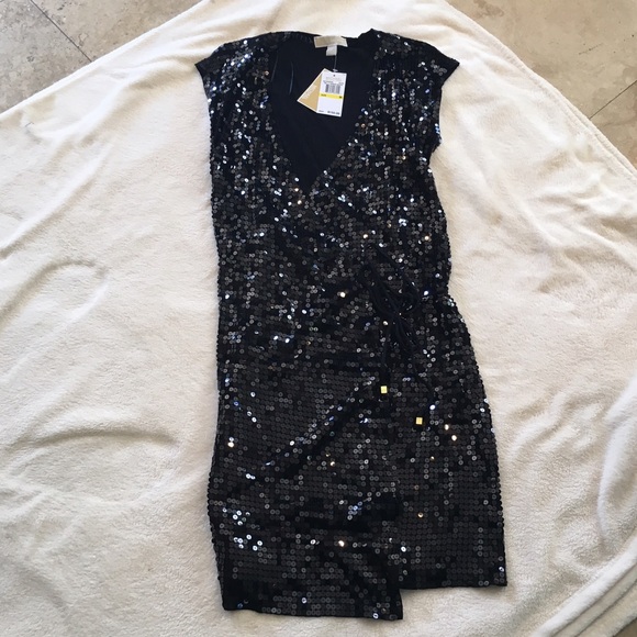 Michael Kors Black Sequin Wrap Dress NWT Size Med