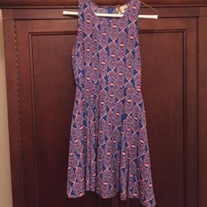 Blue and Coral Print Sleeveless Dress