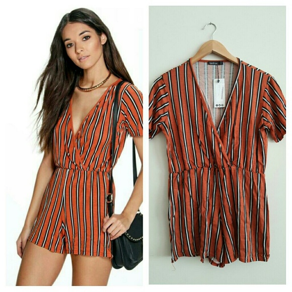 Boohoo Womens Tara Striped Wrap Front Playsuit