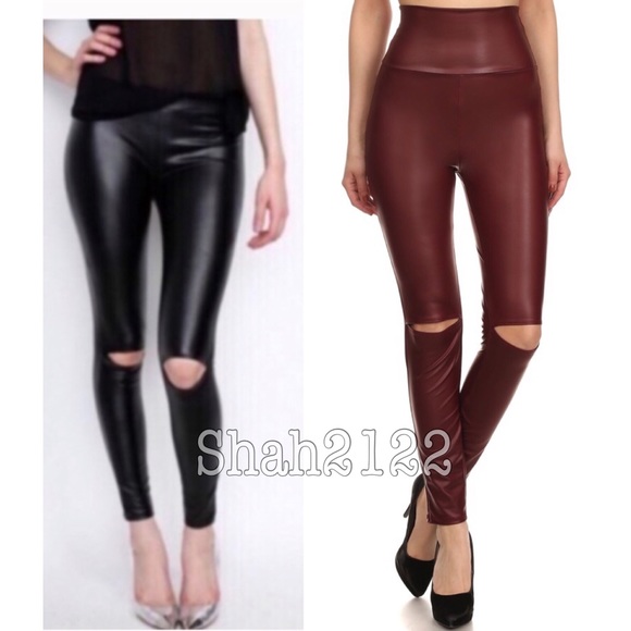 Boutique Pants - Wine cut out slit high waist faux leather leggings