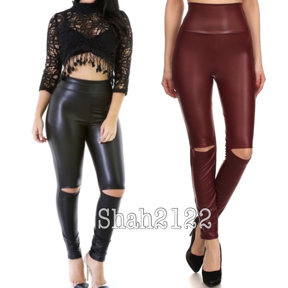 Wine high waist cut out slit faux leather leggings - Picture 2 of 4