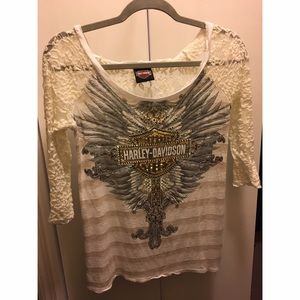 Harley Davidson Rhinestone Wing Lace Half-Sleeve T